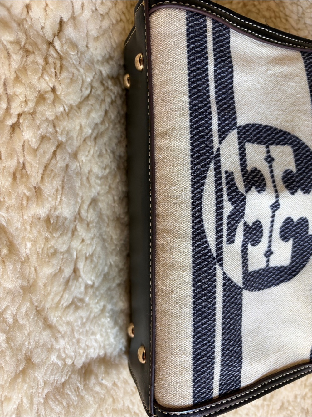 Tory Burch Navy and Cream Canvas Mini Tote with Leather Trim - Picture 9 of 11